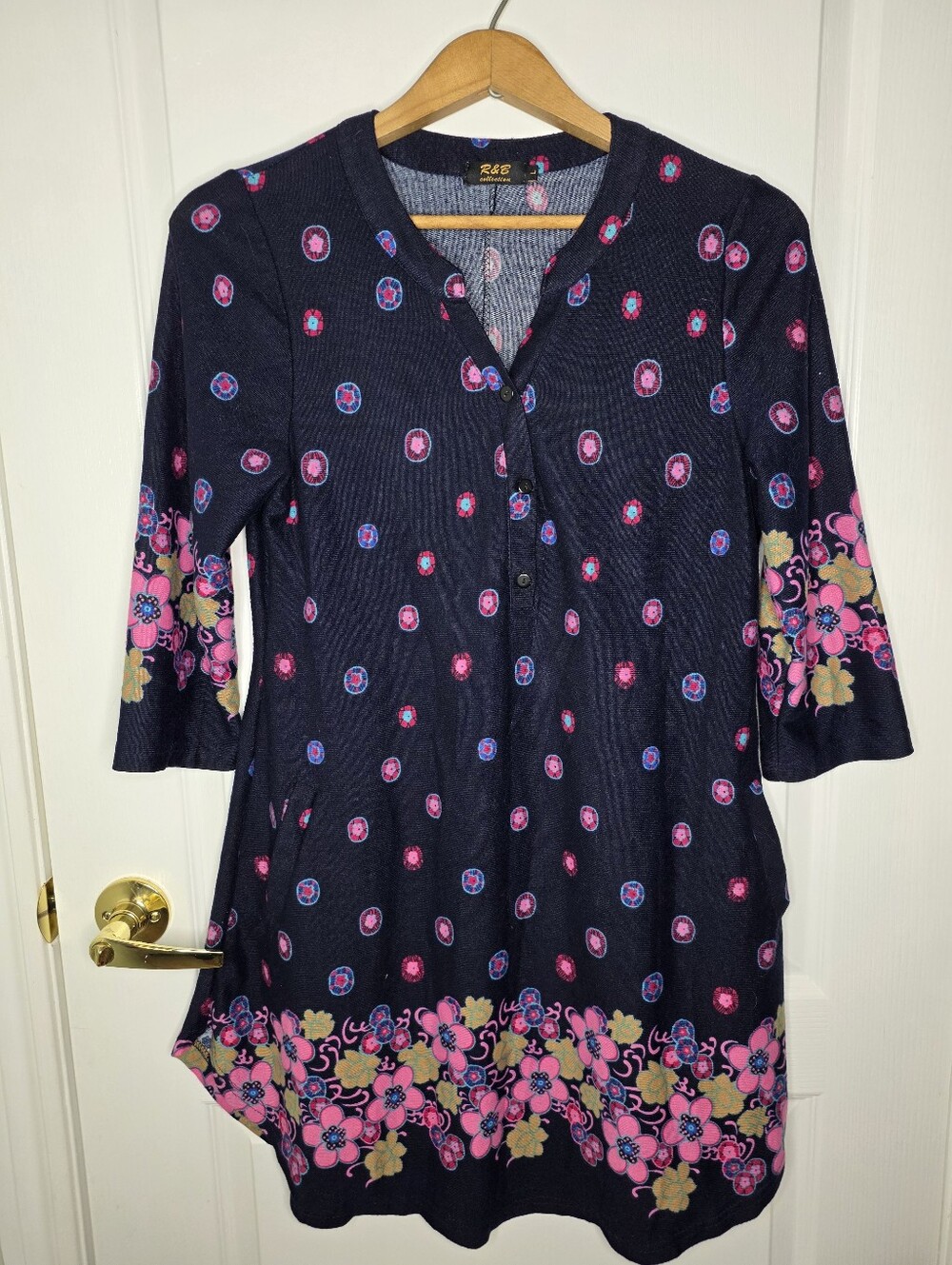 R&B collection Navy Blue Floral Print Tunic Top 3/4 Sleeves L
